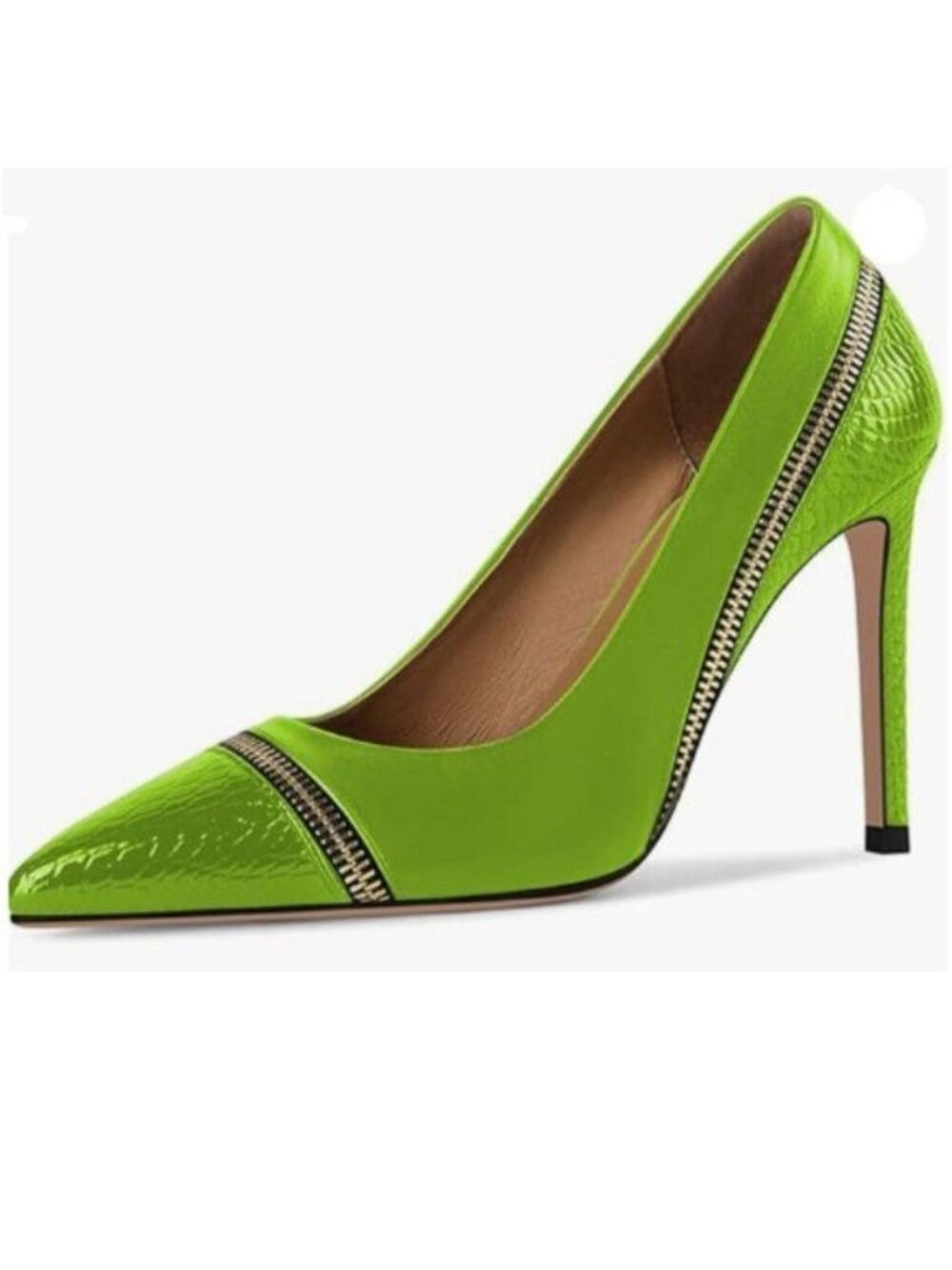 YDN Lime Green Sexy Pointed Toe Slip on Pumps Zipper Snake Pattern Stiletto Shoe